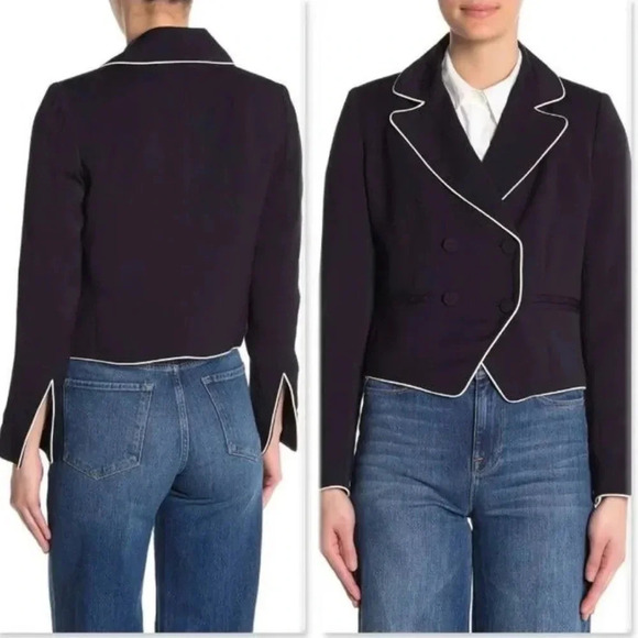 Frame Women’s Piped Cropped Blazer Jacket Navy / White Sz 8 NWT Lined - Picture 1 of 8